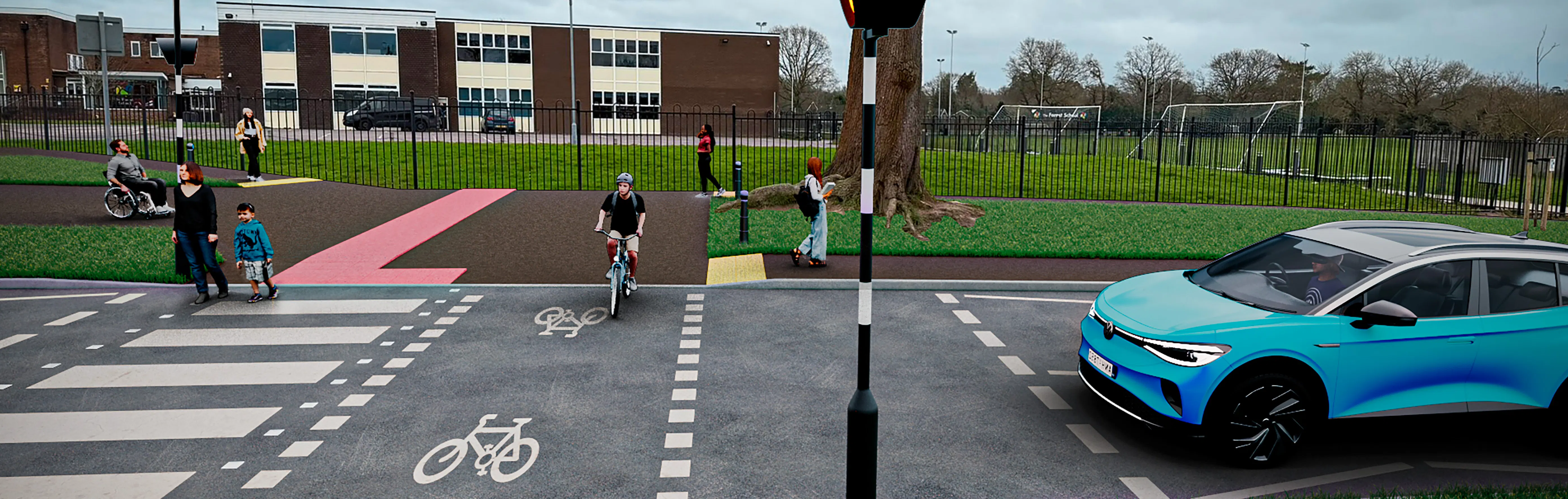 Artists impression of cycling, walking and bus improvements along Comptons Lane and at junction with Bennetts Road.