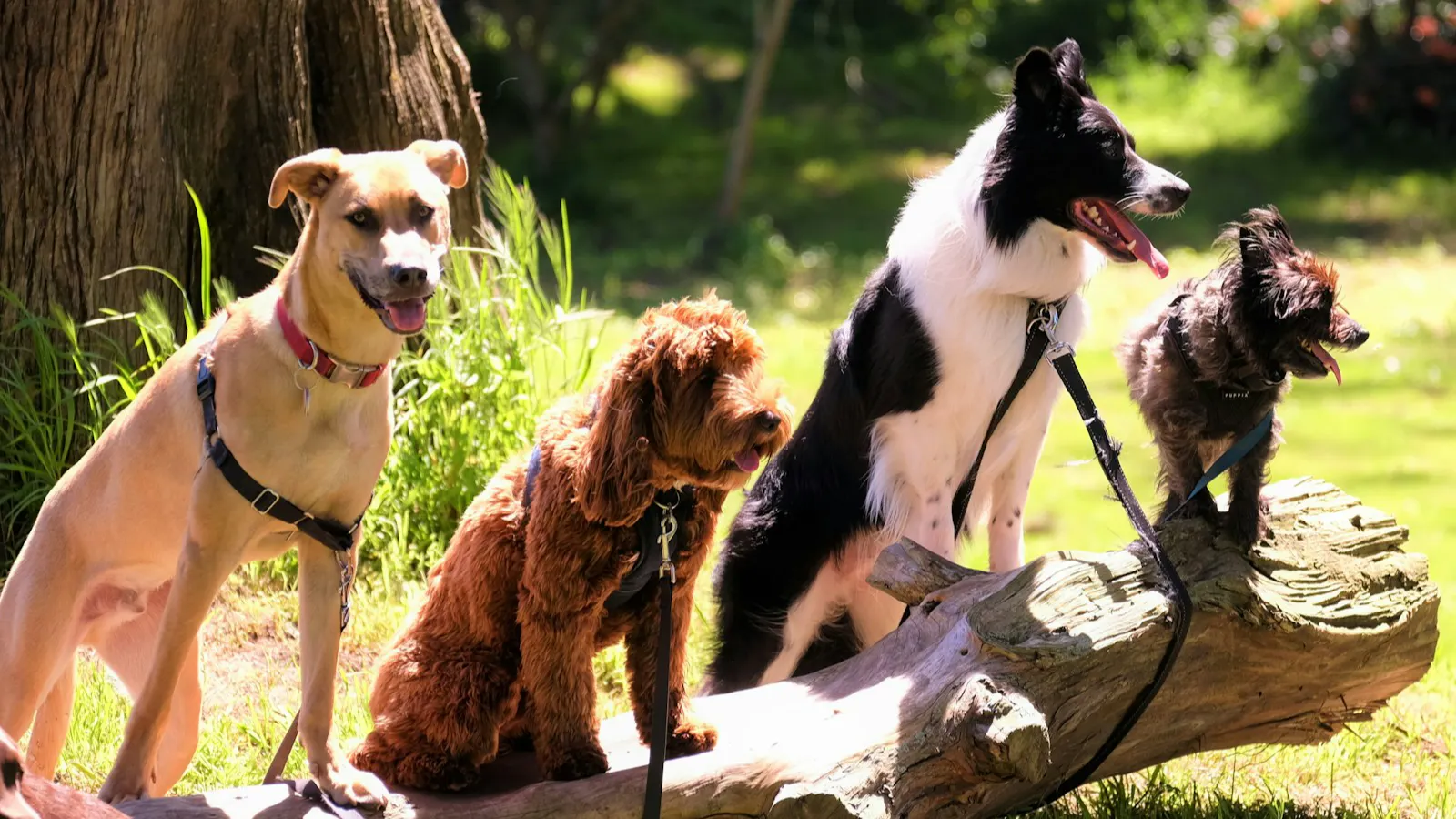 Four dogs of different breeds wearing collars and leads sitting on a fallen log with a parkland background.
