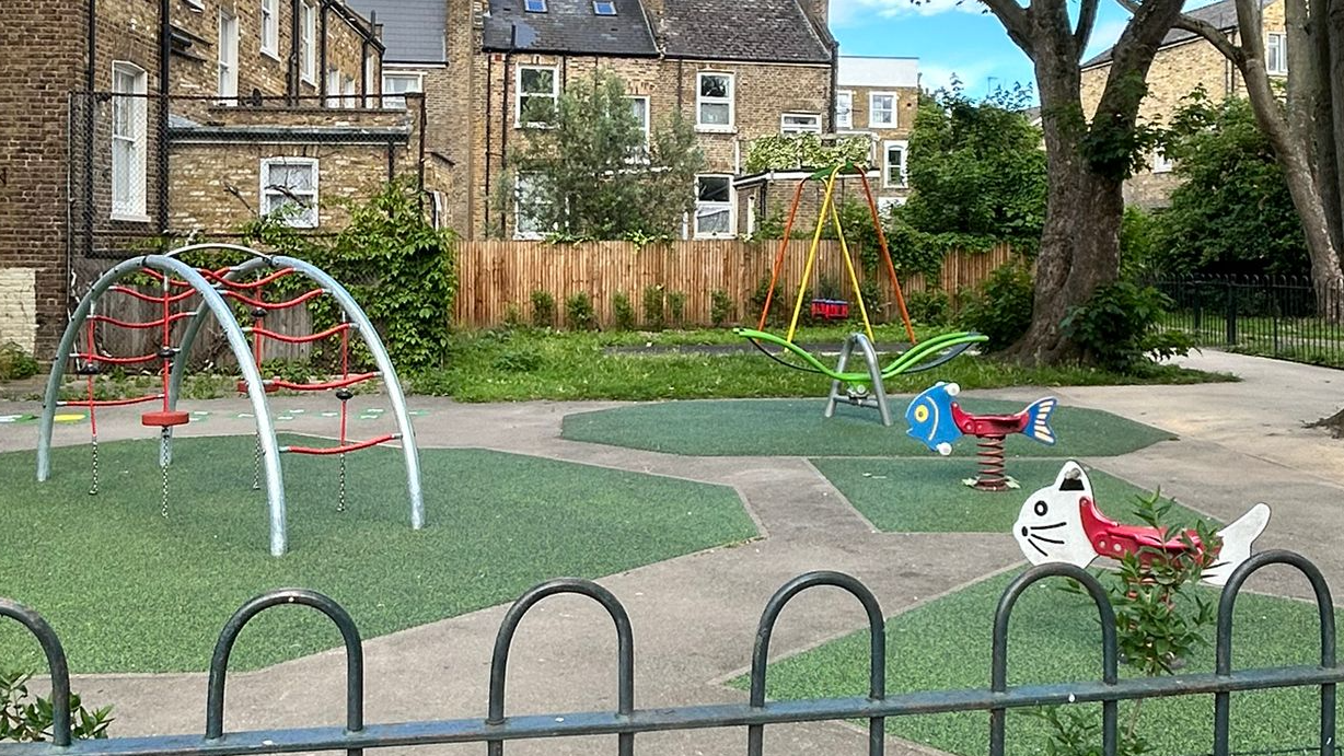 Three photos showing play equipment. A springer, multi-play play unit and swings