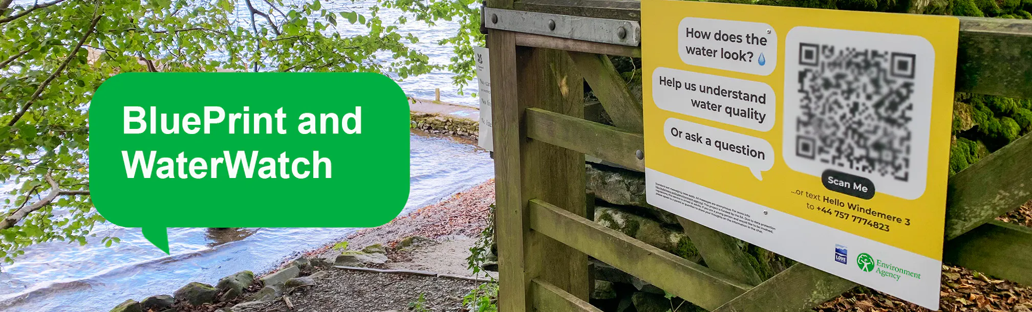 A photo of a yellow Hello Lamp Post sign hanging on a gate. Behind there is water and the text BluePrint and WaterWatch