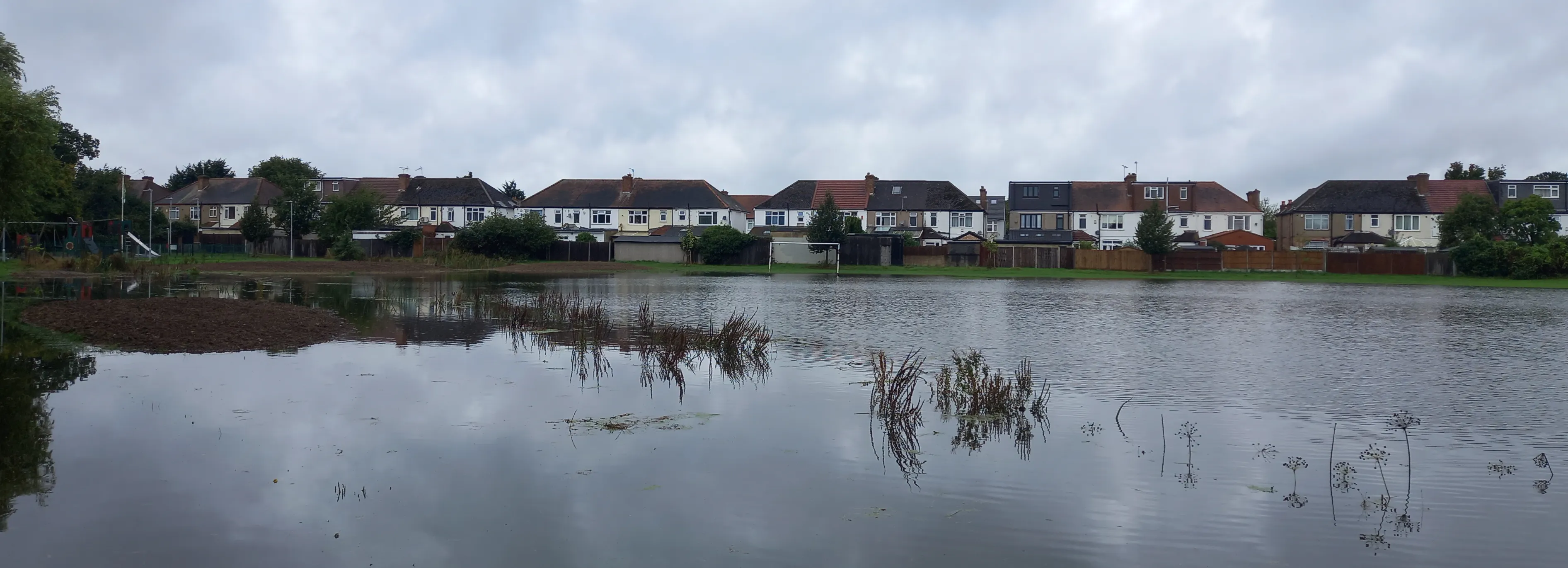 Floodwater covering areas of Elephant Park following heavy rainfall during the 23 September 2024 flood event in Hillingdon.