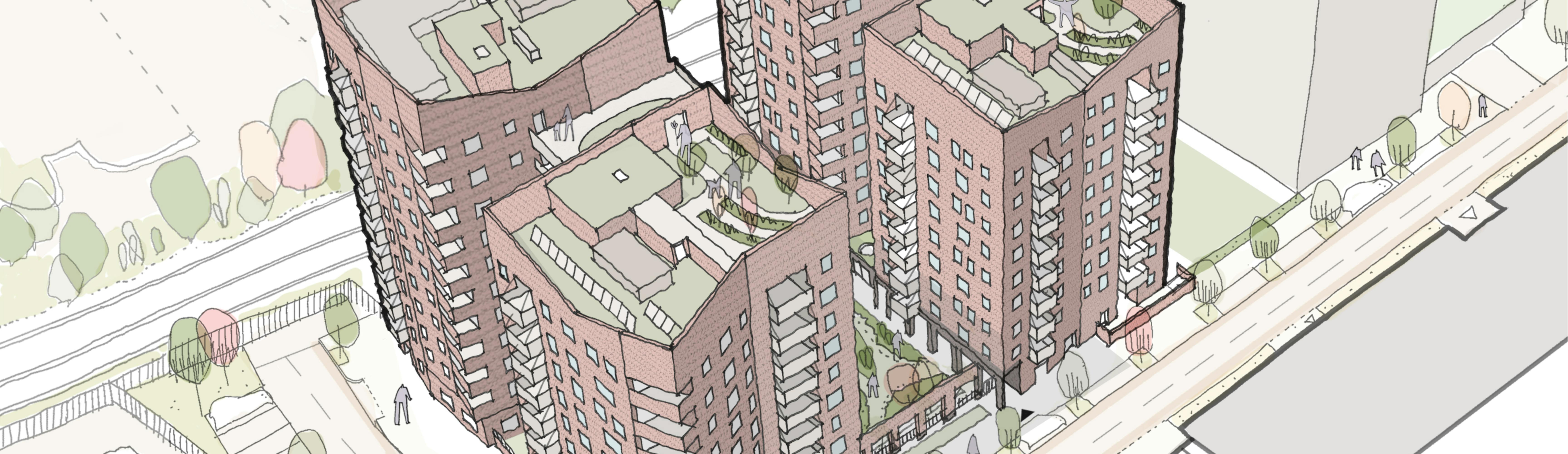 A hand sketch illustrating the Phase 3 Plot buildings, with 2 blocks with roof gardens surrounding a green courtyard.