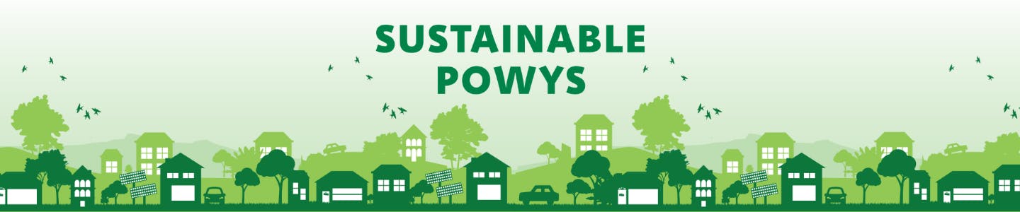 Green branding with Sustainable Powys in dark green text in the middle