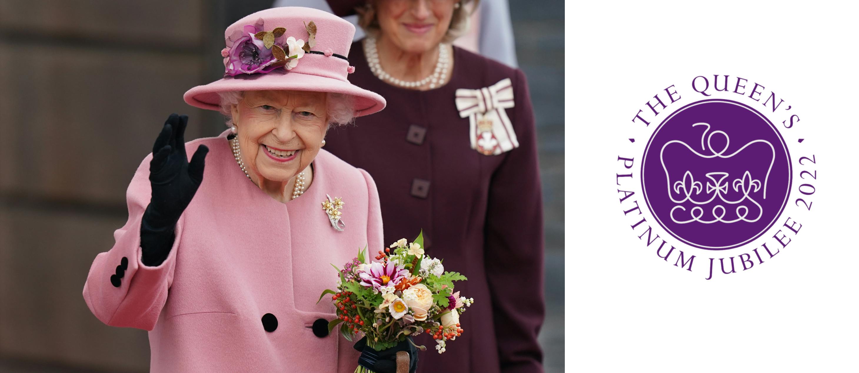 Her Majesty the Queen in a pink coat and hat with a bouquet of flowers and the Platinum Jubilee logo