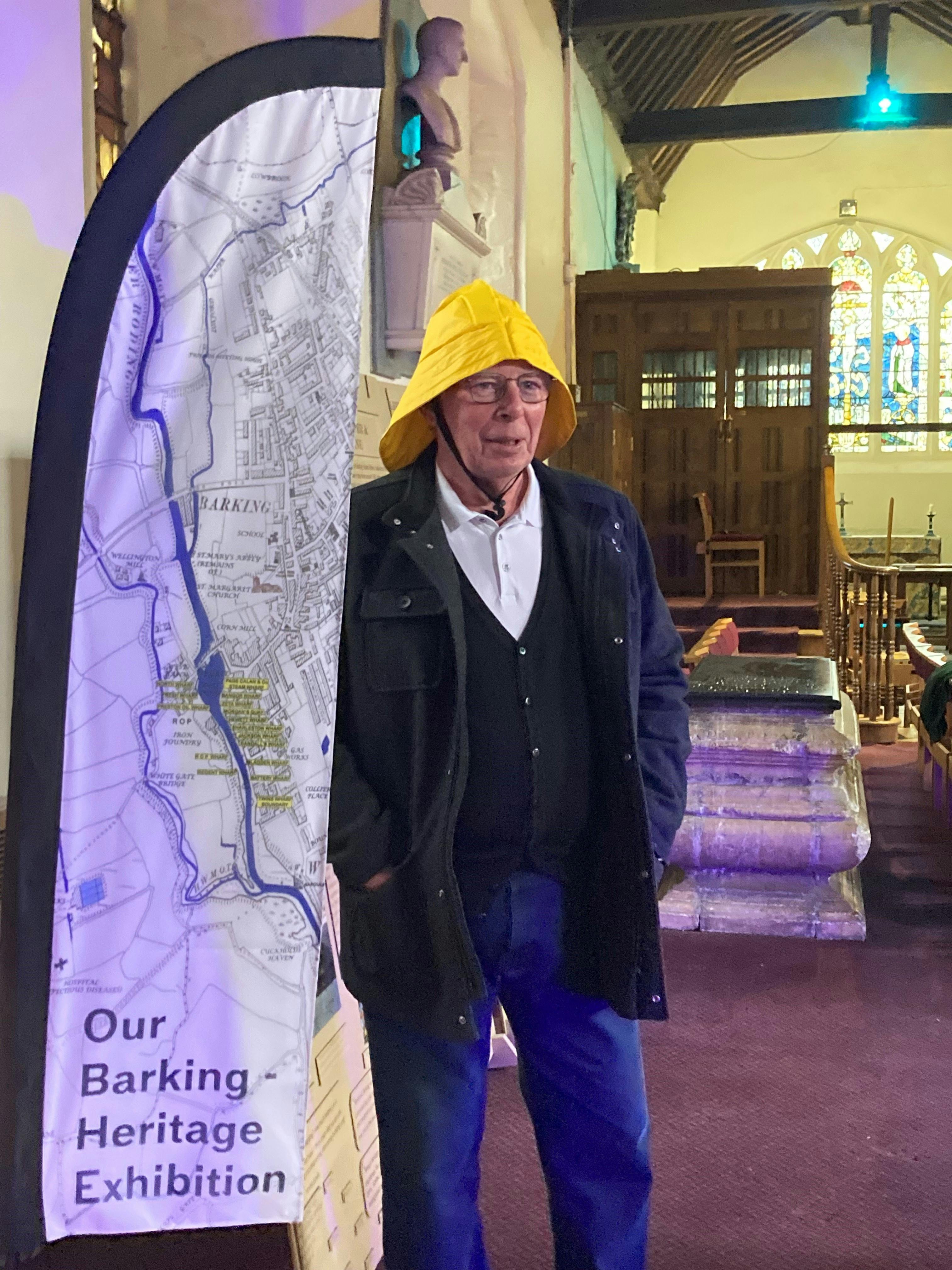 George with his River Roding banner at St Margaret's Church