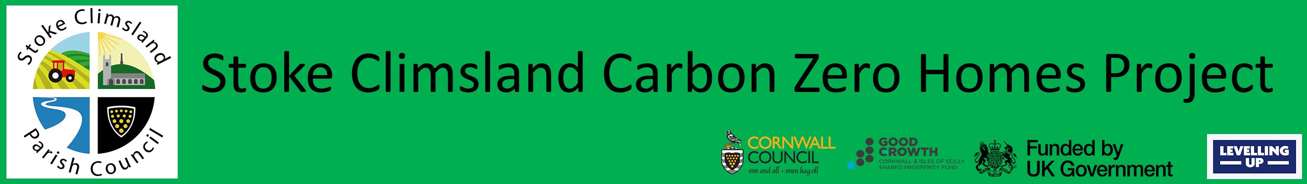 Image shows logos for Stoke Climsland Carbon Zero Homes Project and funders