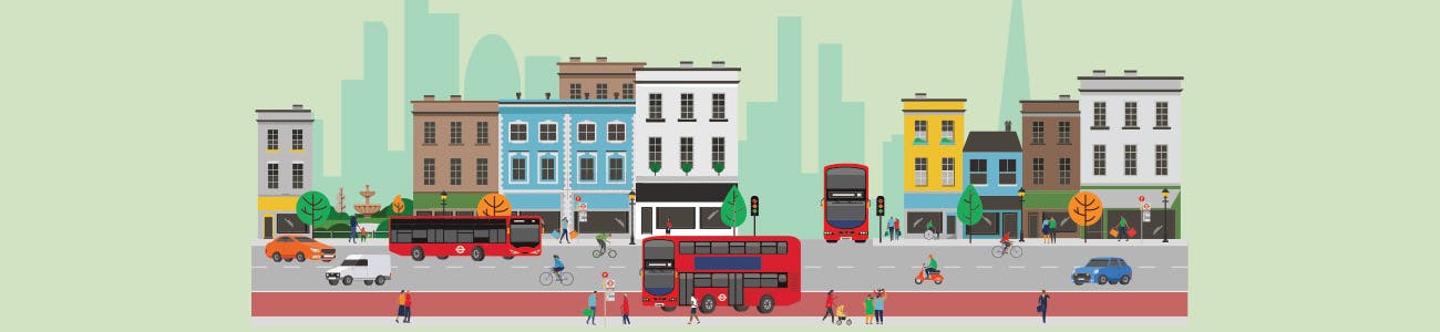 London street illustration with buses and people