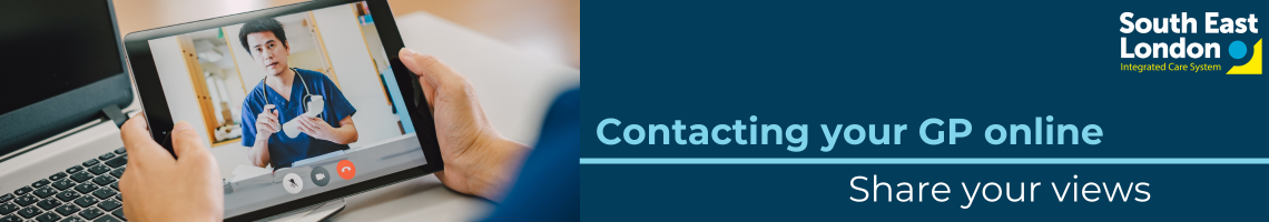 Image with a person hands holding a tablet showing a GP in an online conversation with a patient