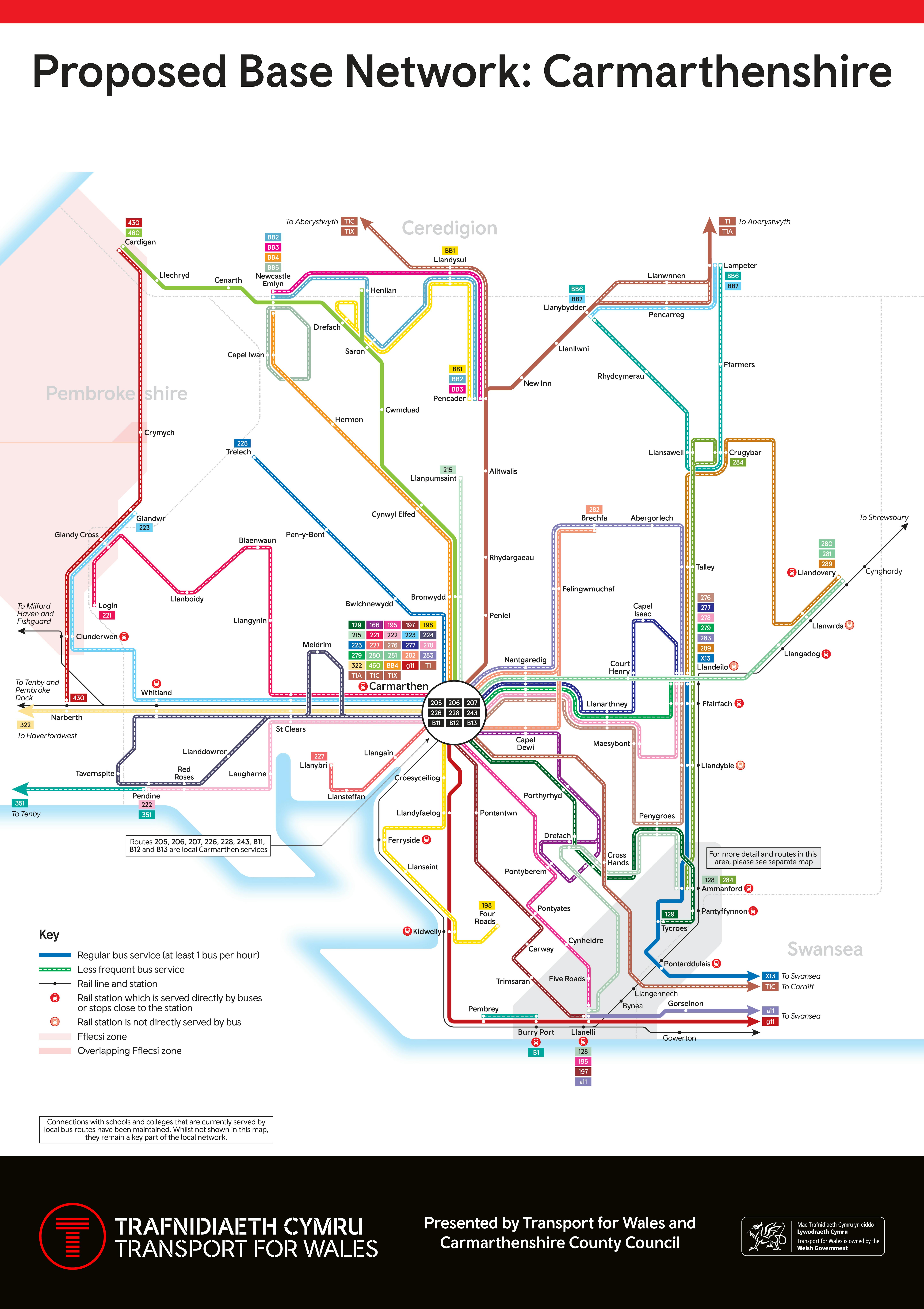 Graphic map showing the Proposed Base Network in Carmarthenshire