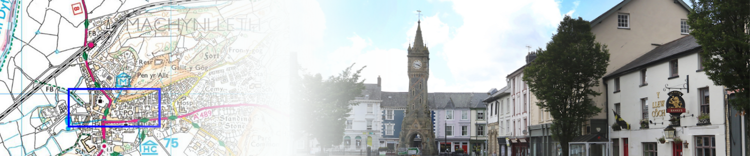 Map of Machynlleth that fades into a street scene of the town with trees in the foreground