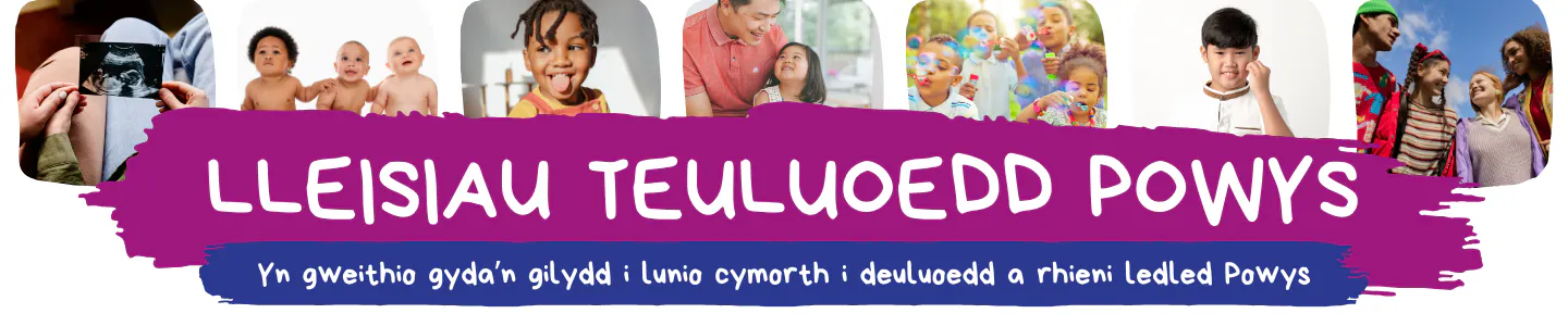 Powys Parenting Forum in white letters on a blue background with images of children and young people of different ages