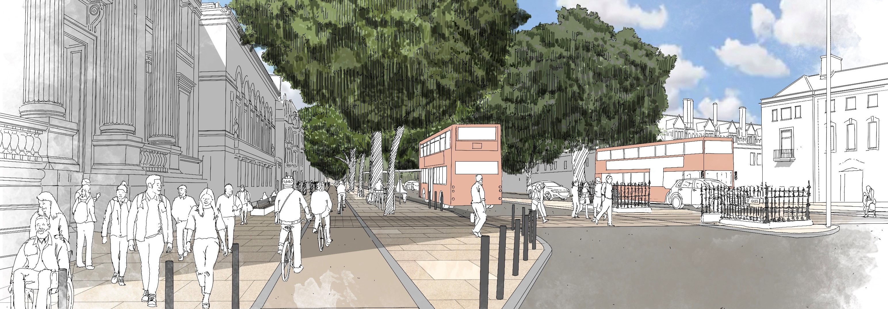 Artist impression of Carfax junction (Oxford), with widened pavements, more greenery and safer crossings
