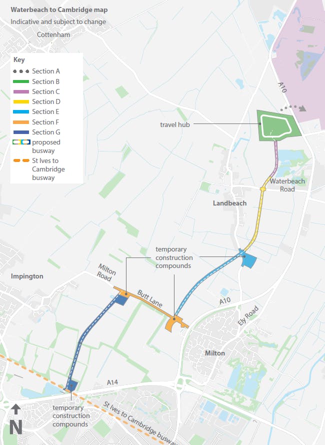 Waterbeach to Cambridge route sections map.png