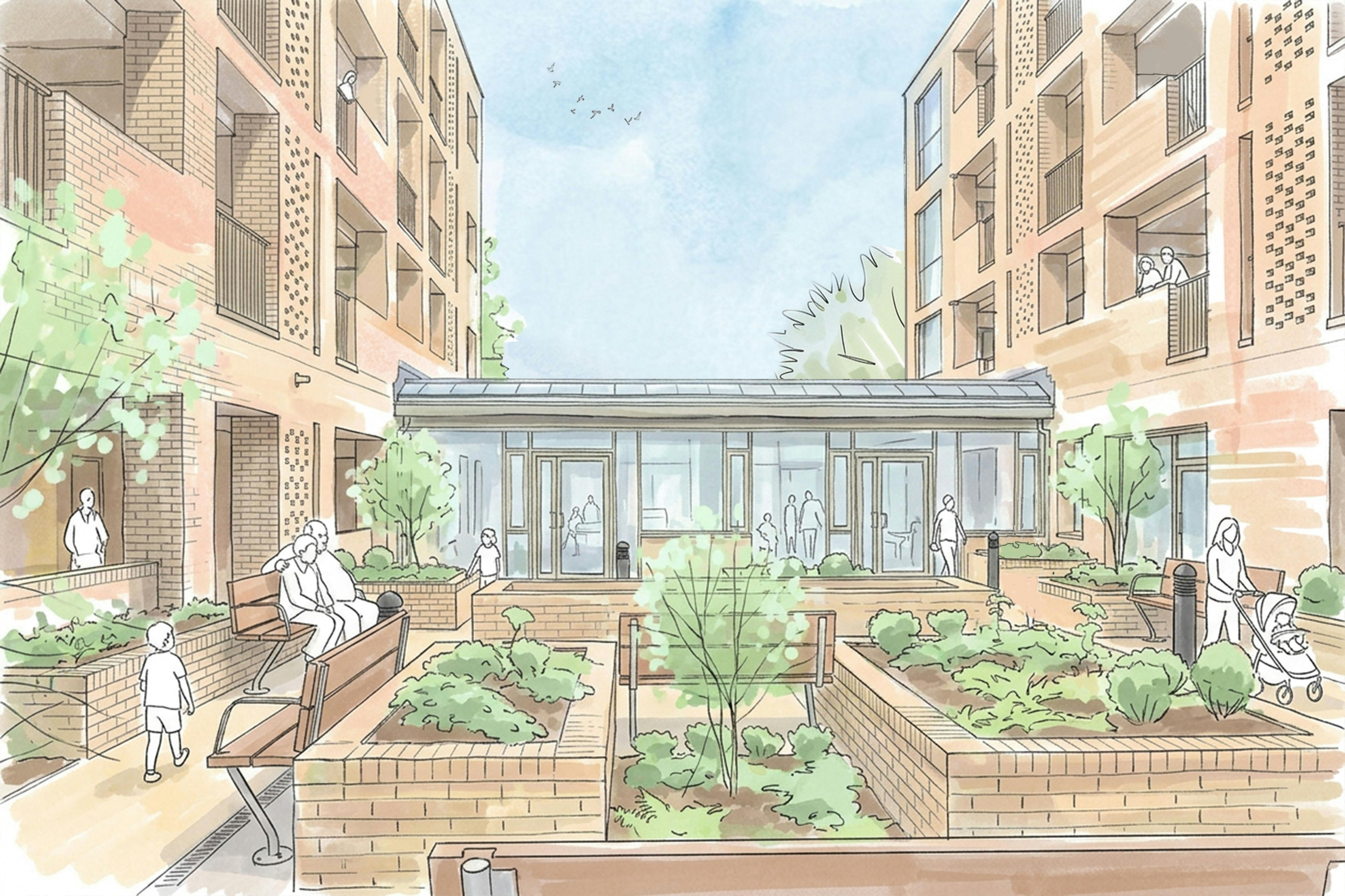 Example of extra care housing with communal buildings and outdoor spaces