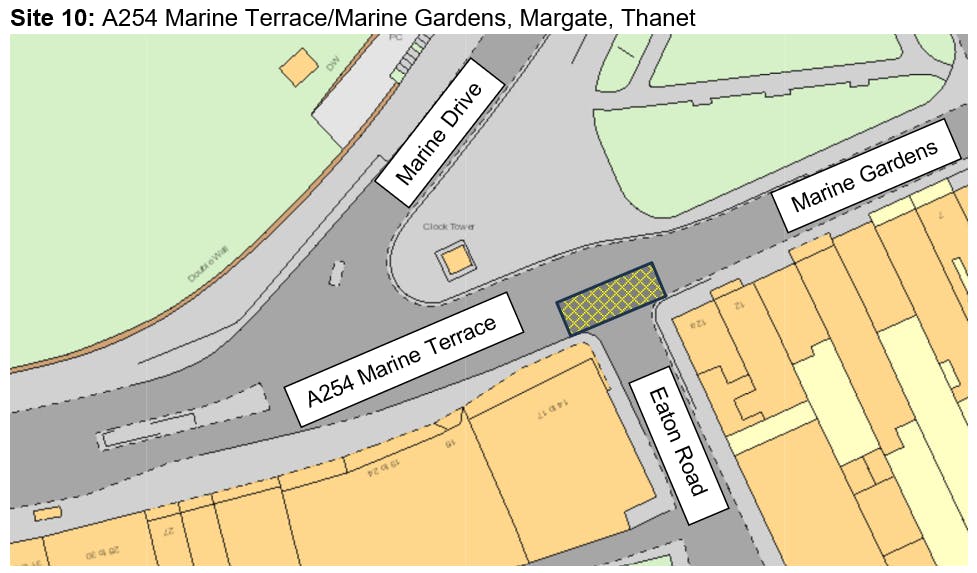 At the junction on the A254 Marine Terrace and Marine Gardens with Eaton Road and Marine Drive in Thanet