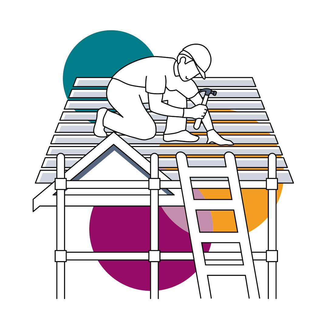 A graphic of a person working on a house roof