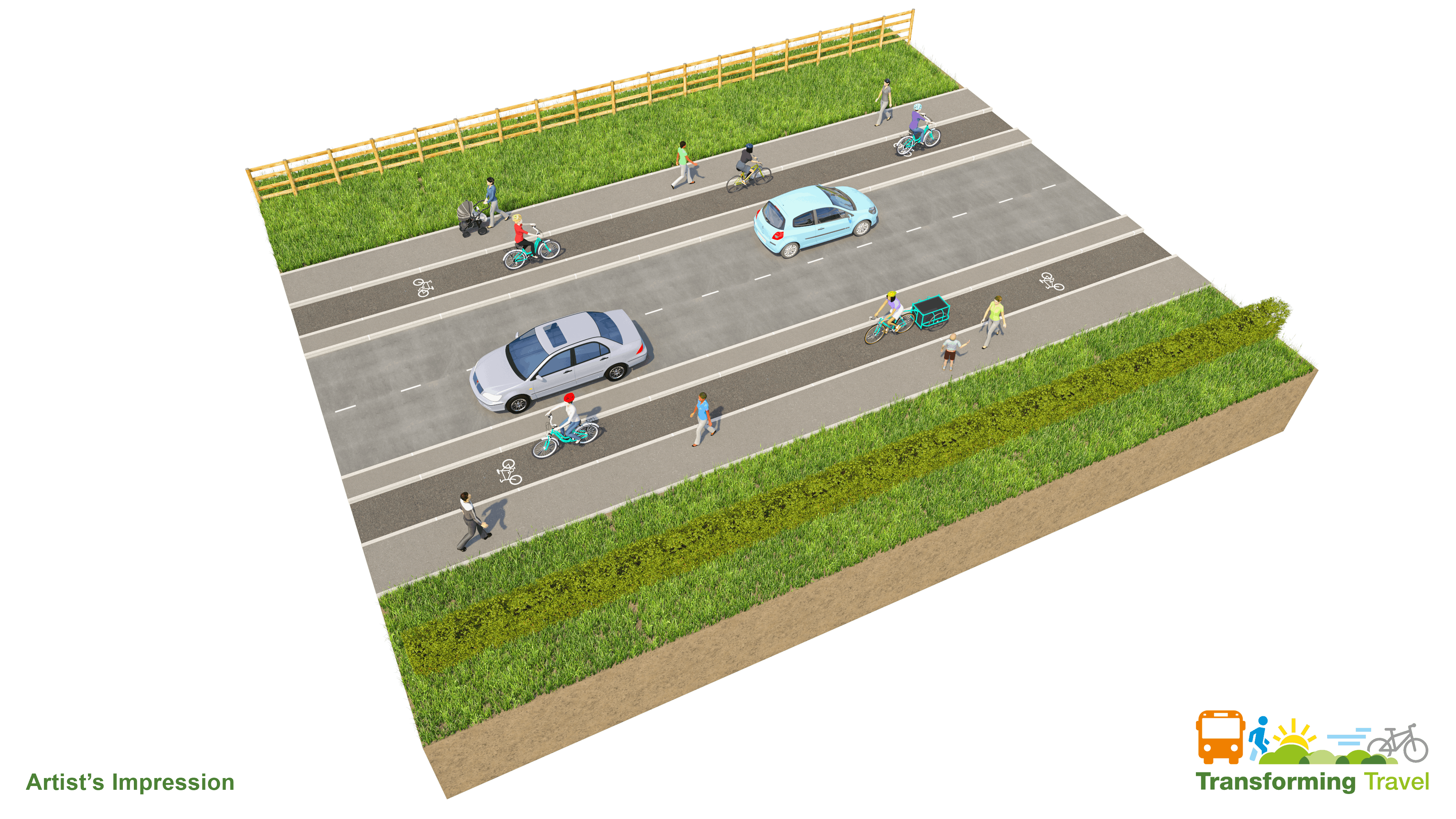 Fully kerbed one-way cycle track with separate footway