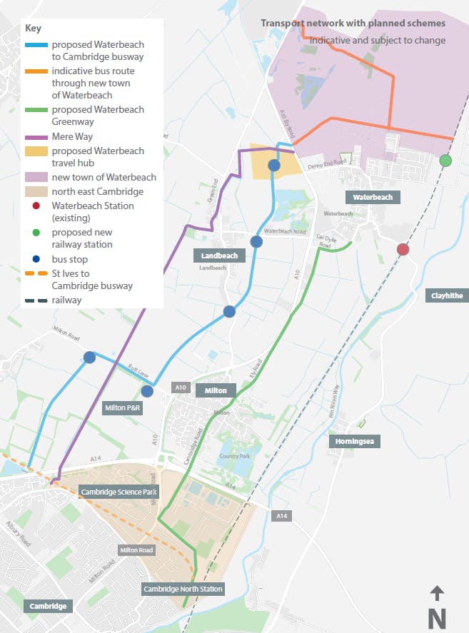 Waterbeach to Cambridge transport network.png