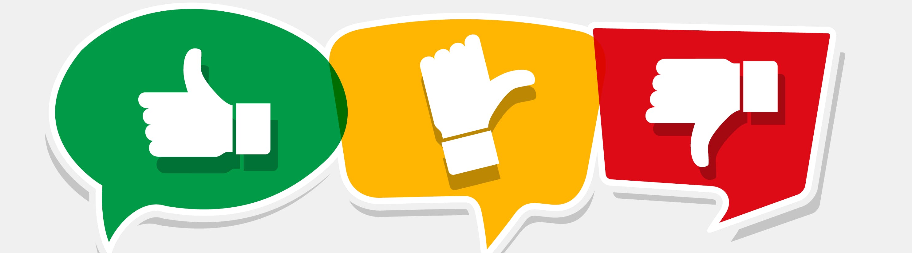 A thumbs up symbol in a green speech bubble, a thumbs wavering symbol in an amber speech bubble and a thumbs down symbol in a red speech bubble