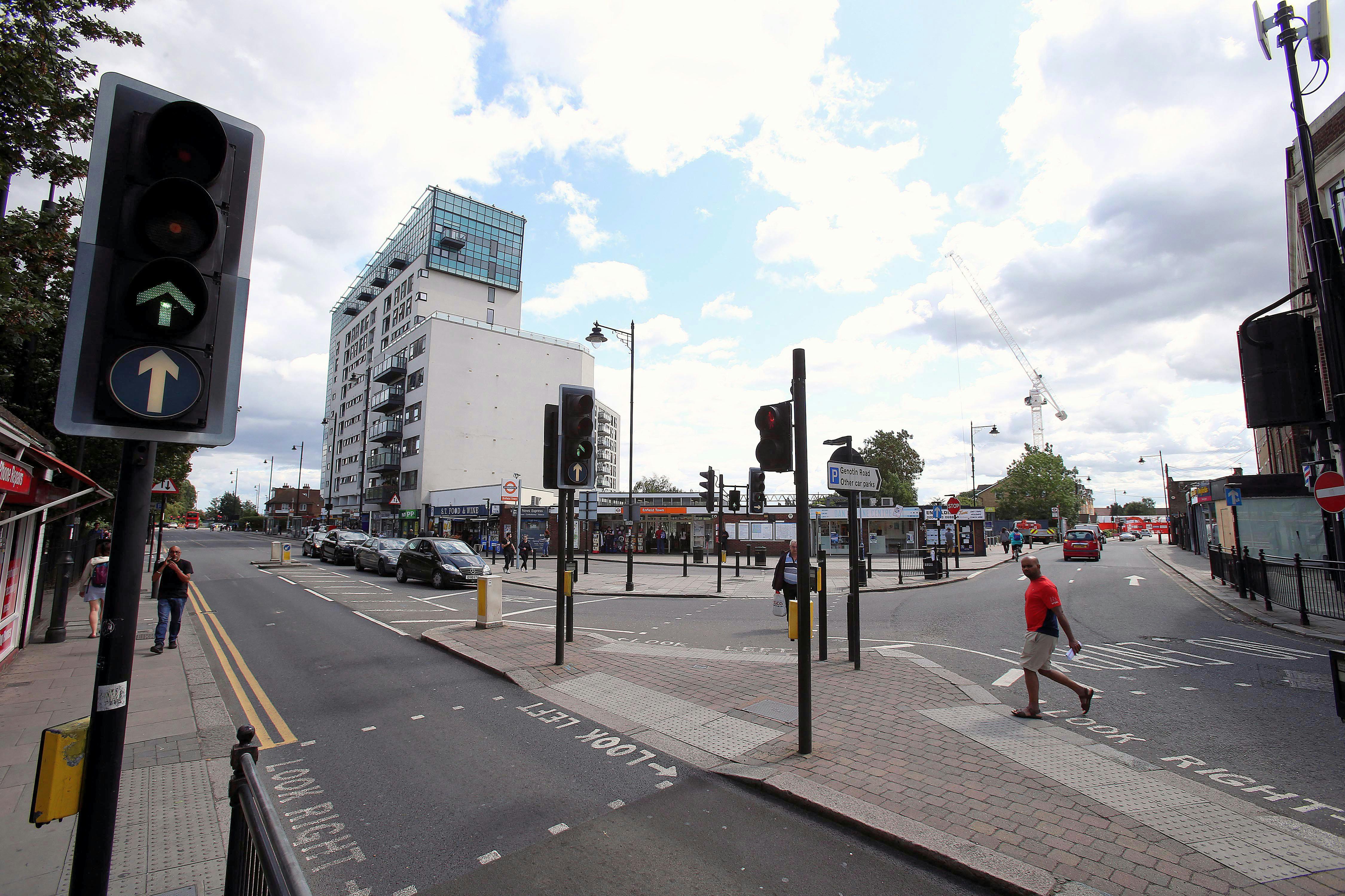 A view of Enfield Town Station Plaza, looking down Southbury Road