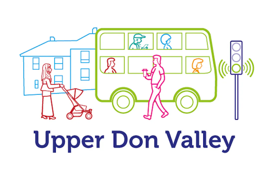 An illustration showing a bus approaching traffic lights, with houses in the background and an adult pushing a pram.