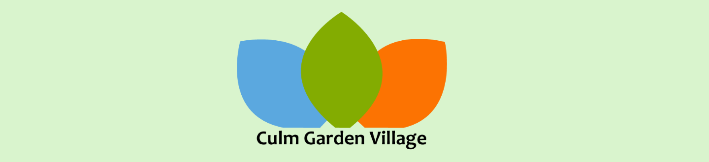 Culm Garden Village leaf logo in blue orange and green 