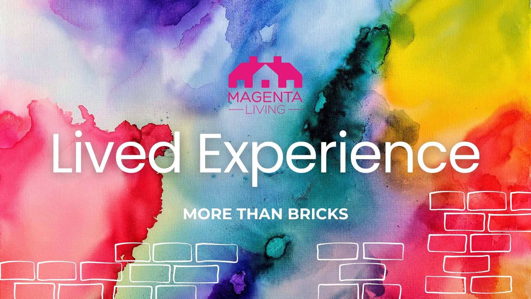 Multicoloured paint background with bricks and magenta living logo 