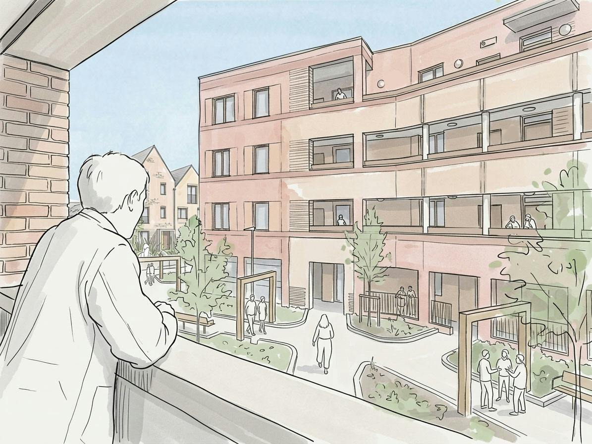Example of Supported Living apartment with person on balcony looking towards communal gardens