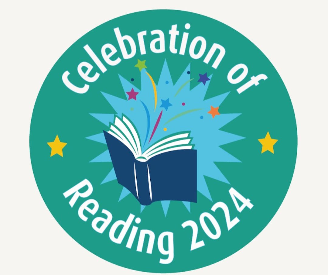 Celebration of Reading logo. Magical book on orange background.