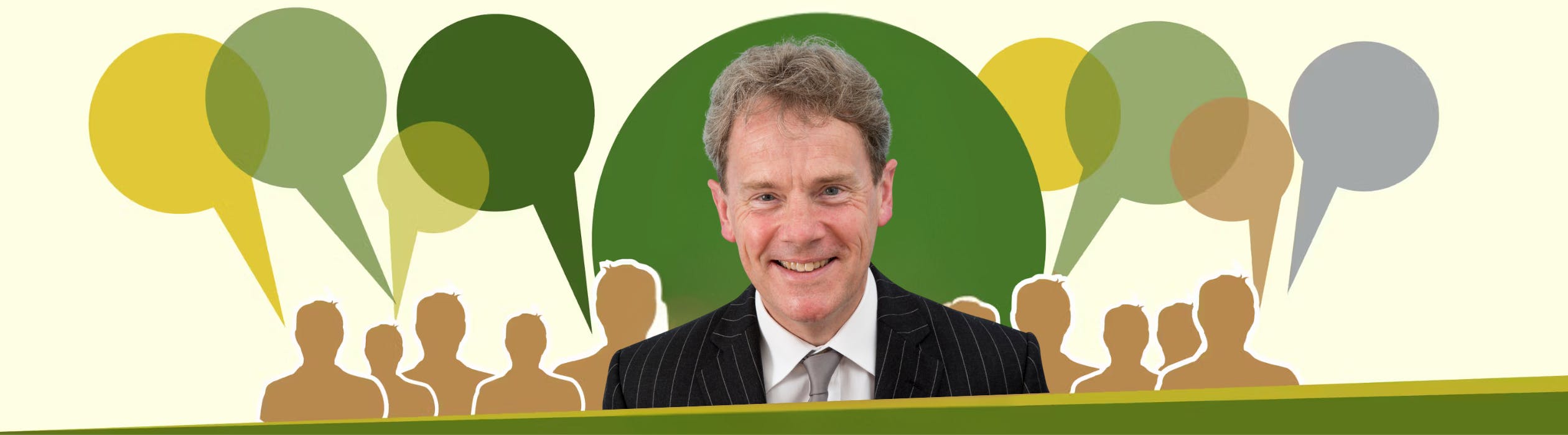 Councillor James Partridge in front of speech bubbles and head and shoulder silhouettes 