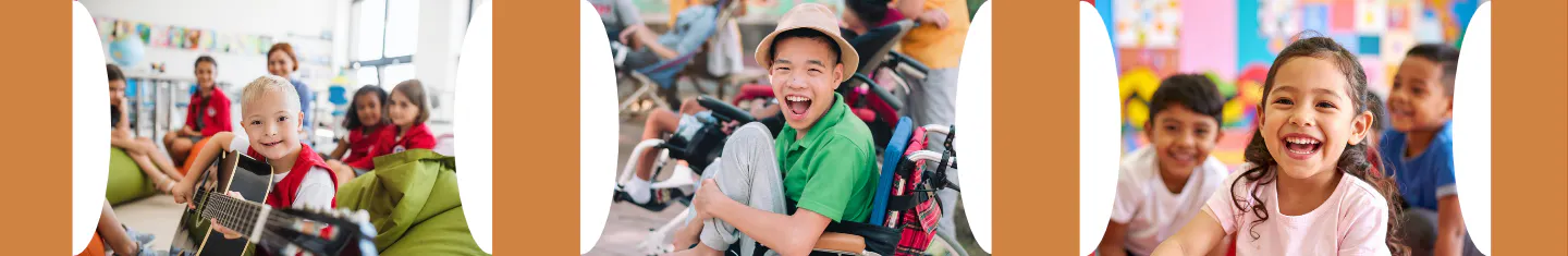 Boy with a guitar and children in the background, boy smiling in a wheelchair and smiling girl