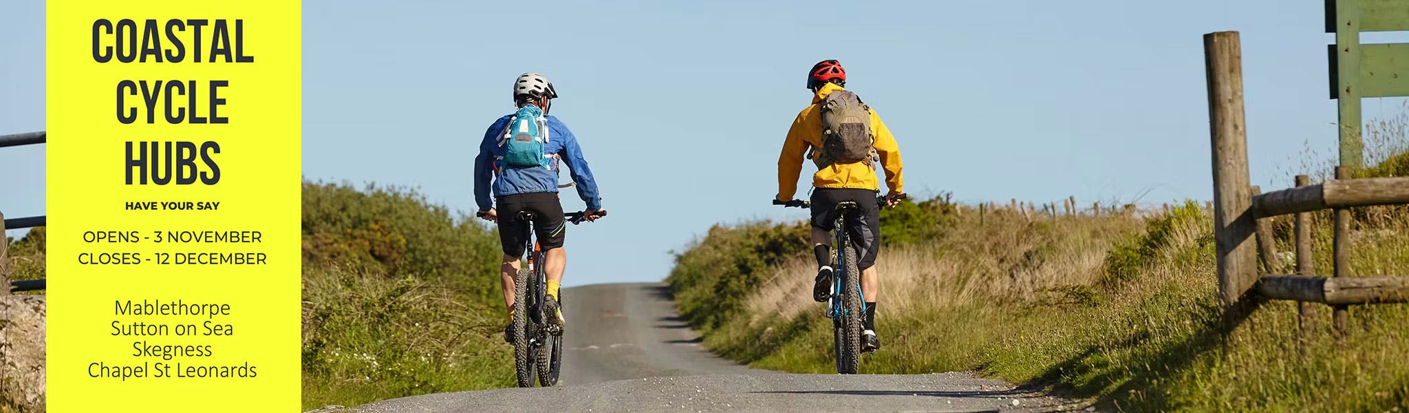 Image of cyclists along the coast with information on the cycle hubs which will be in towns along the coast 