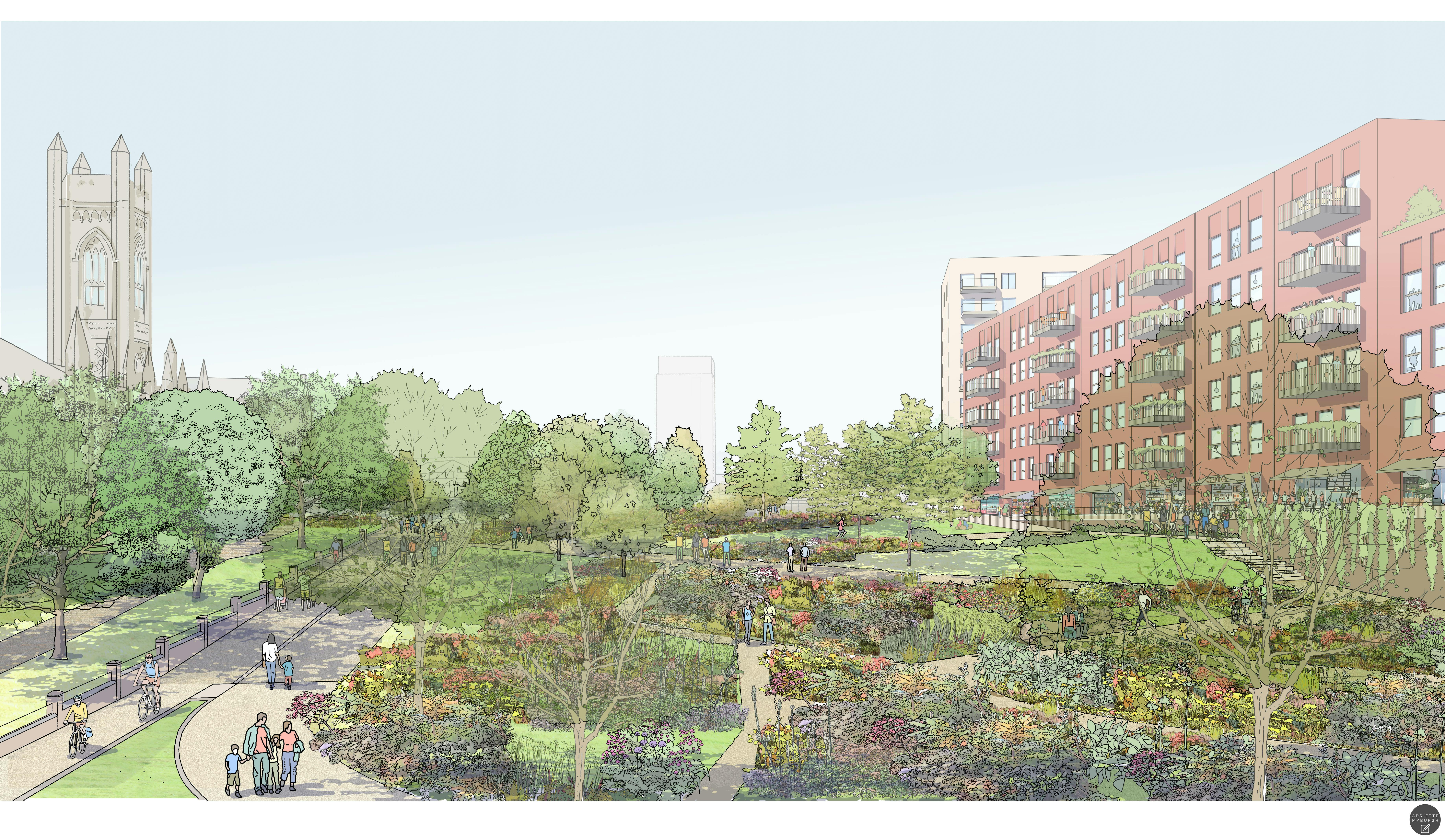 Illustrative sketch of the new park in Oldham Town Centre