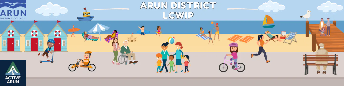 Arun District Council LCWIP.  Seaside view with adults, children and families walking and cycling along the promenade