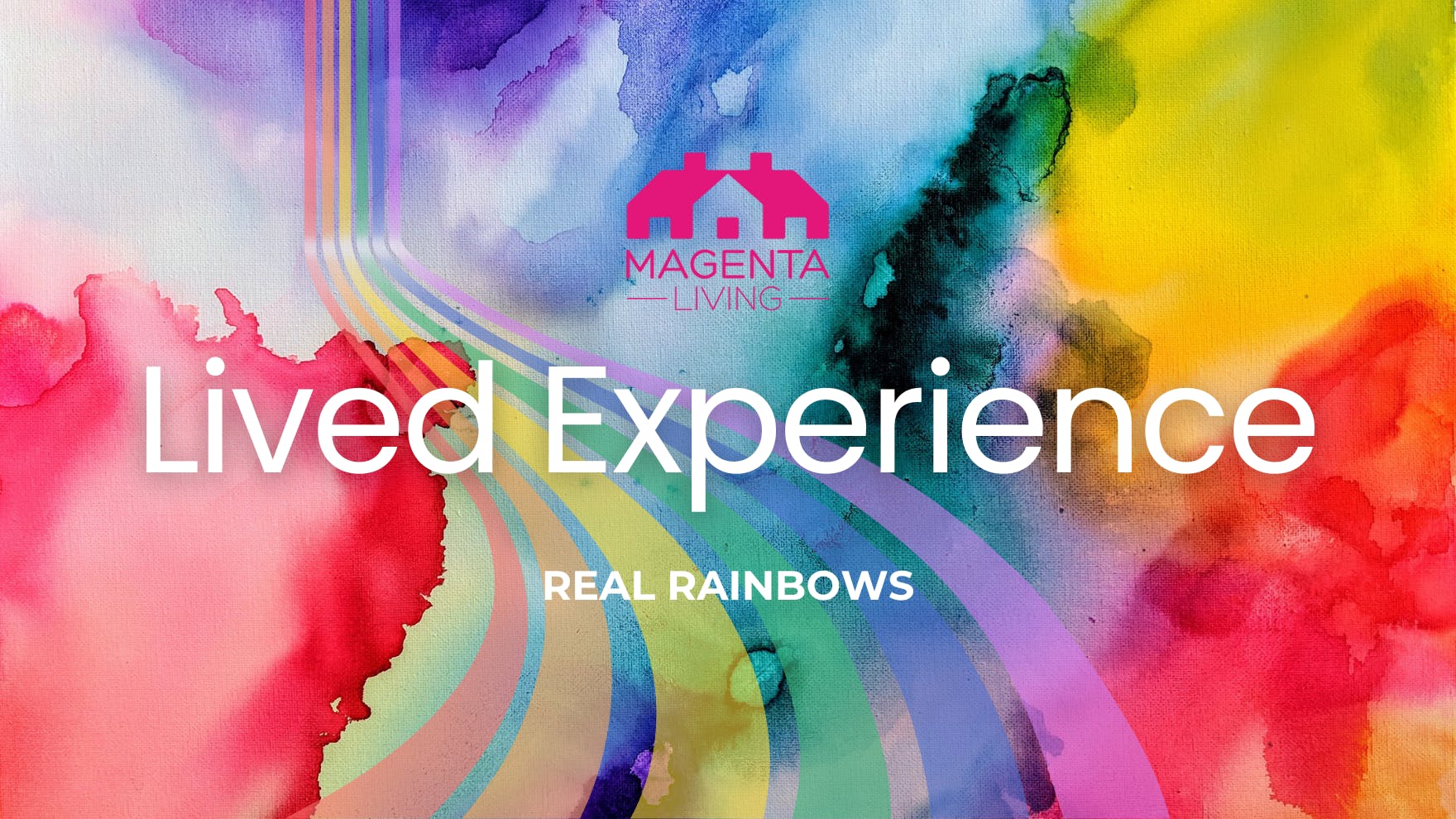 Multicoloured paint background with rainbow and magenta living logo 