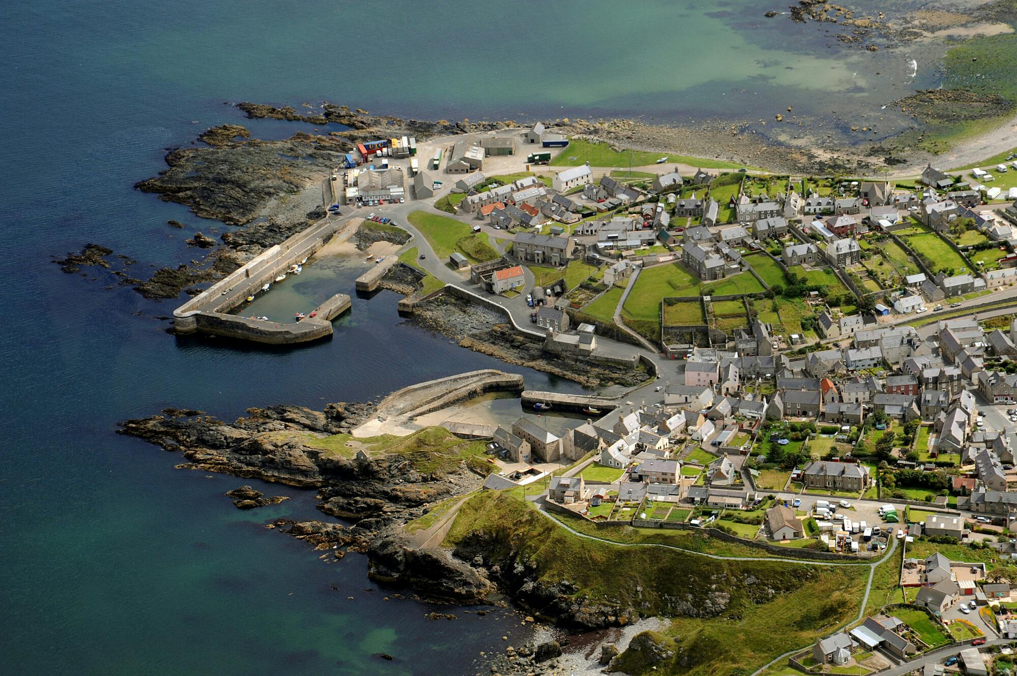 Aerial view of Portsoy showing the town's historic harbours.