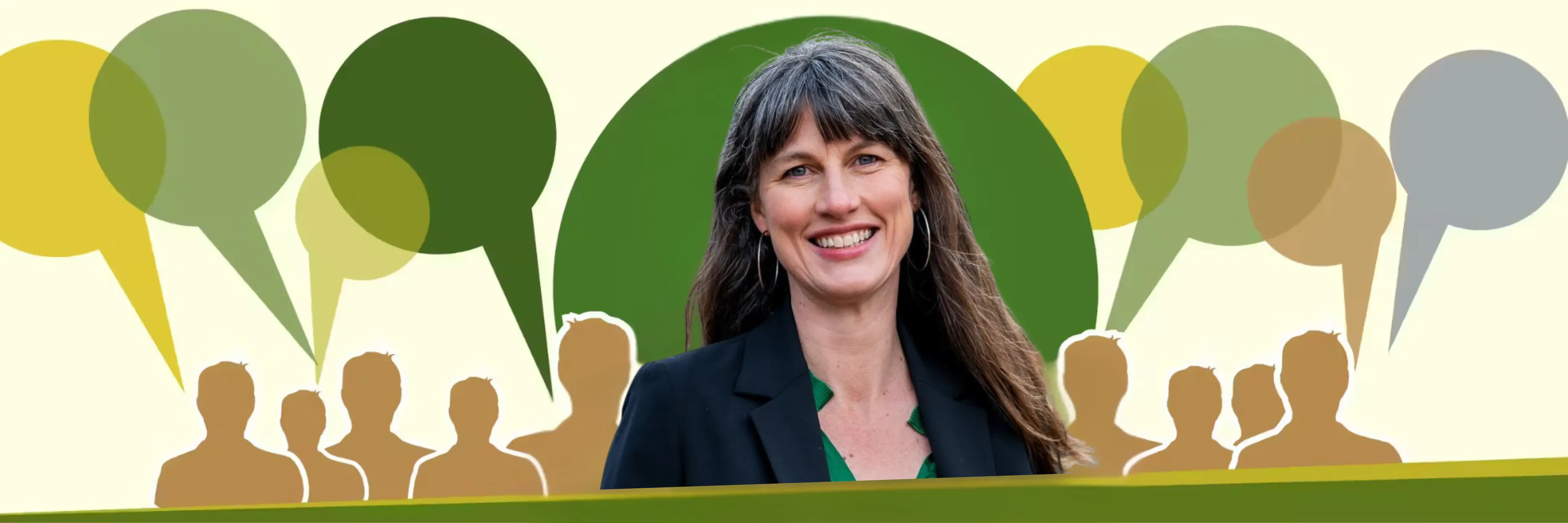 Councillor Rachel Millward in front of speech bubbles and head and shoulder silhouettes 