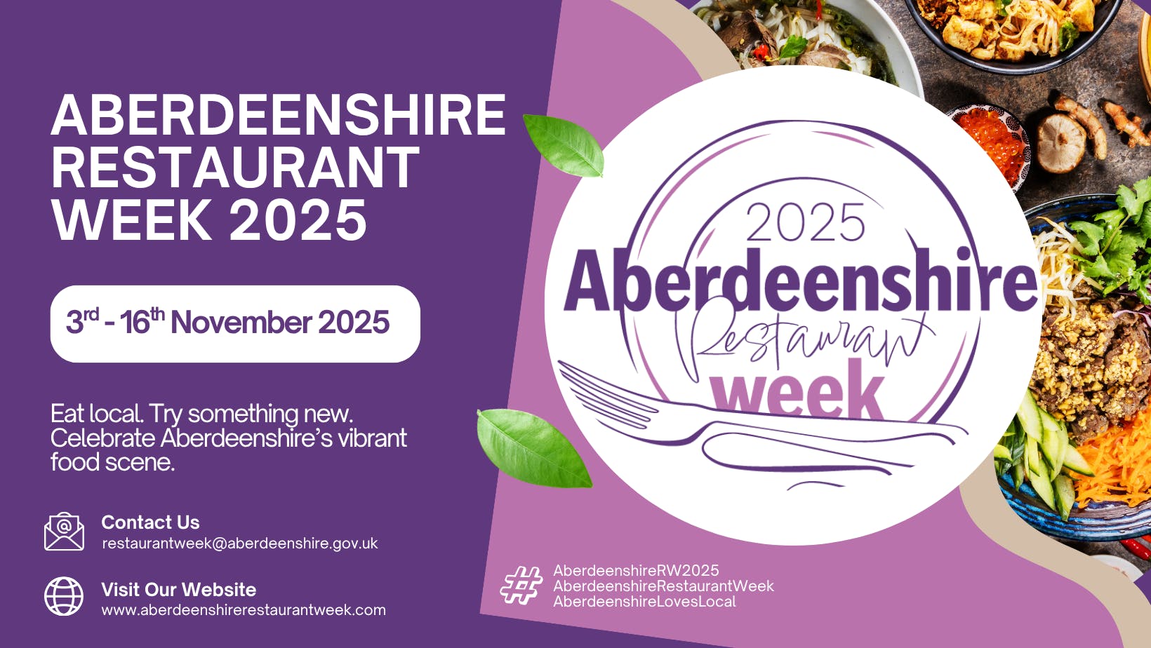 Logo showing Aberdeenshire Restaurant week writing on a plate with a fork and the date of the event (3-16 November)