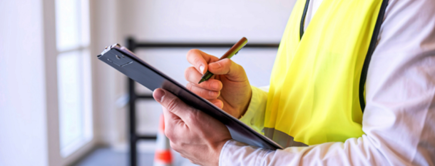 Person wearing a hi-vis vest holding a clipboard and pen