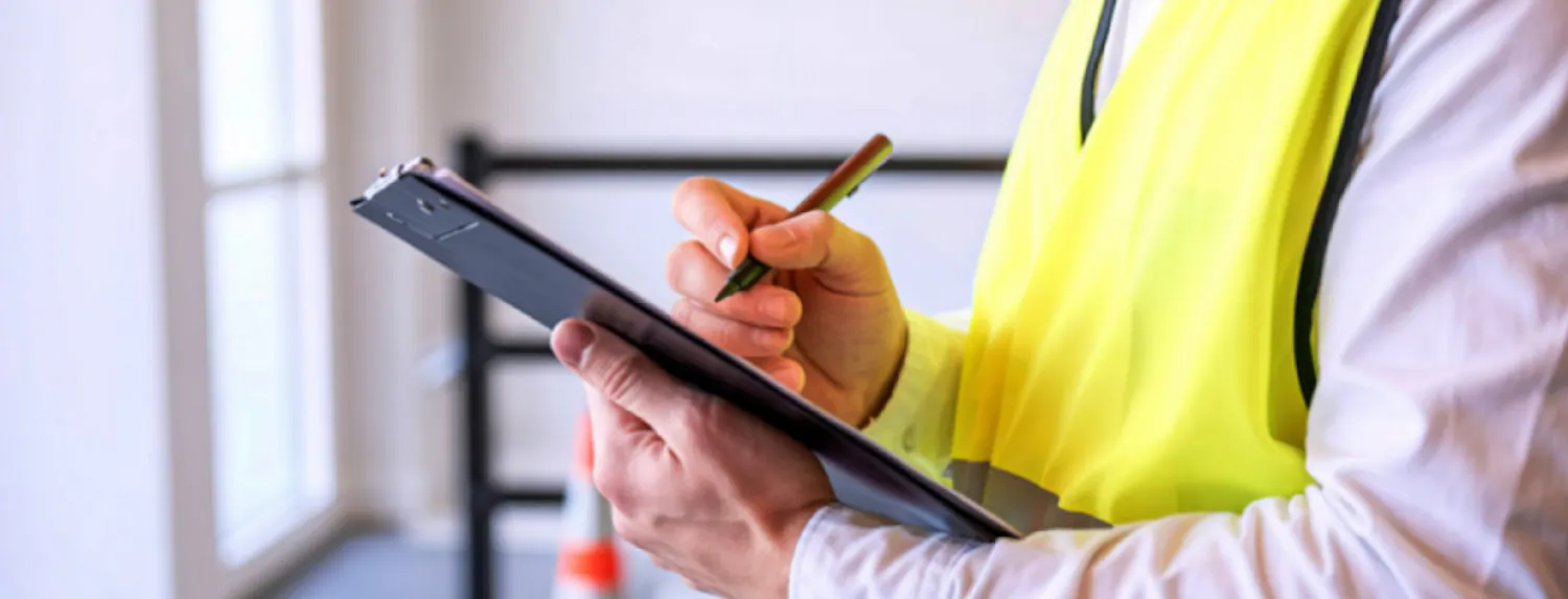 Person wearing a hi-vis vest holding a clipboard and pen