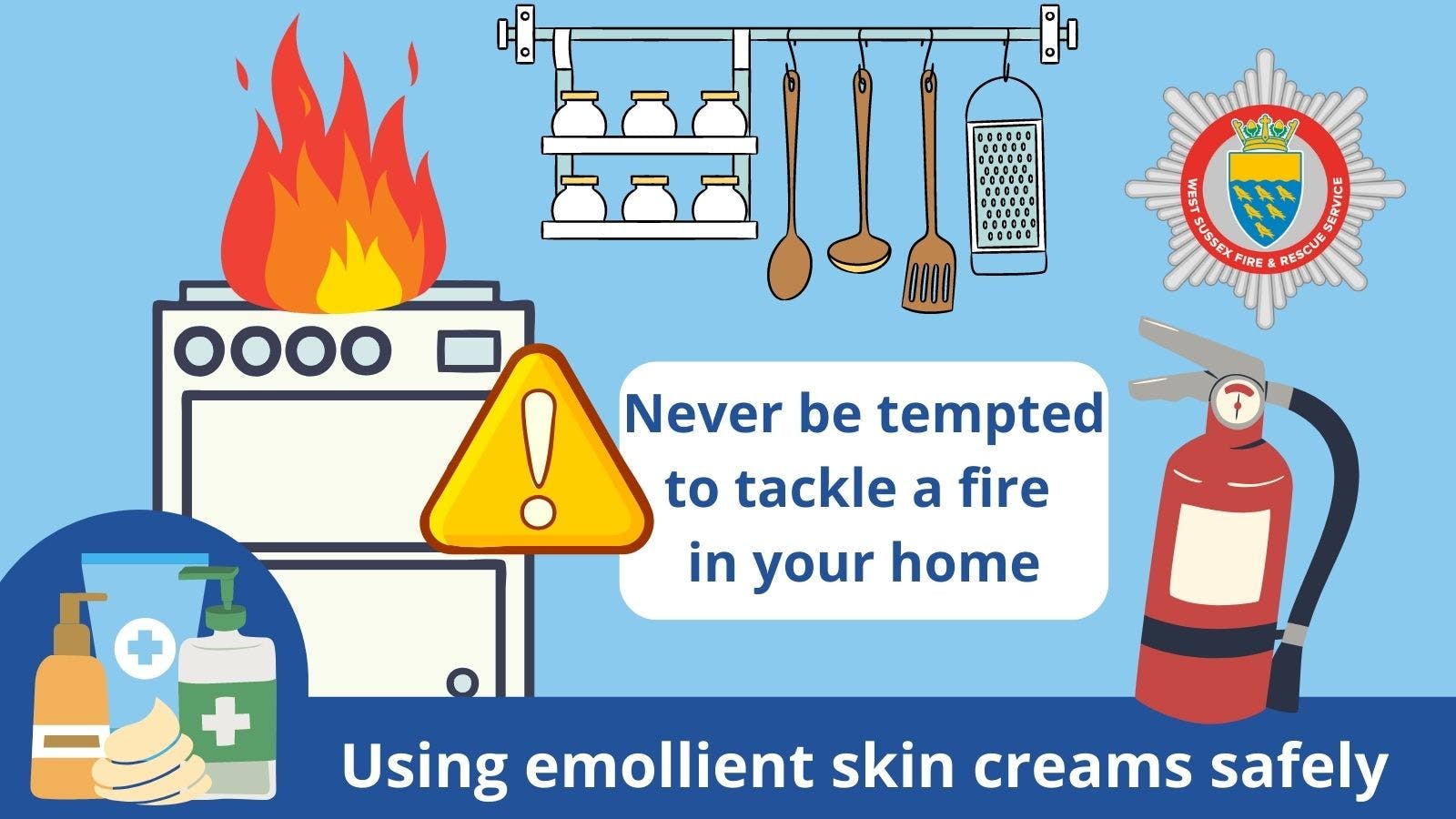 Graphic of a fire in a kitchen about using emollient skin creams safely with the message Never be tempted to take a fire