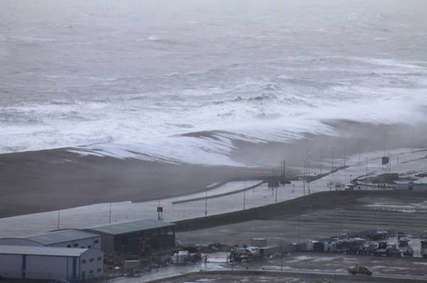 The managed section of Chesil beach from Chesil Cove to the visitor centre, with wave overtopping in Feb 2014