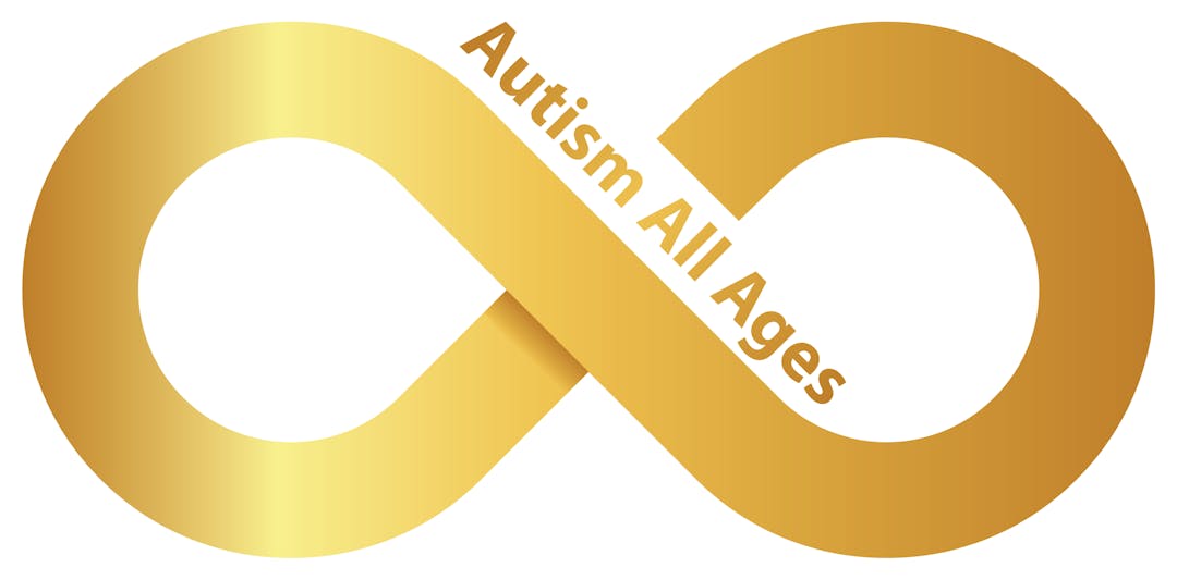 A golden infinity symbol with the words 'Autism All Ages' diagonally dissecting the upper right loop 