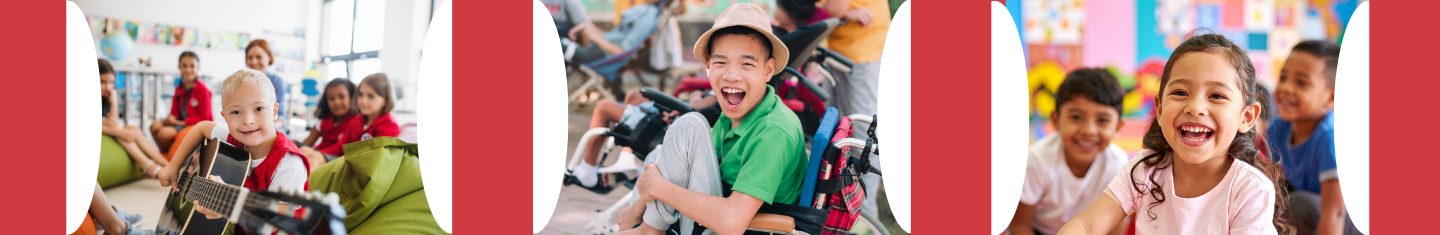 Boy with a guitar and children in the background, boy smiling in a wheelchair and smiling girl