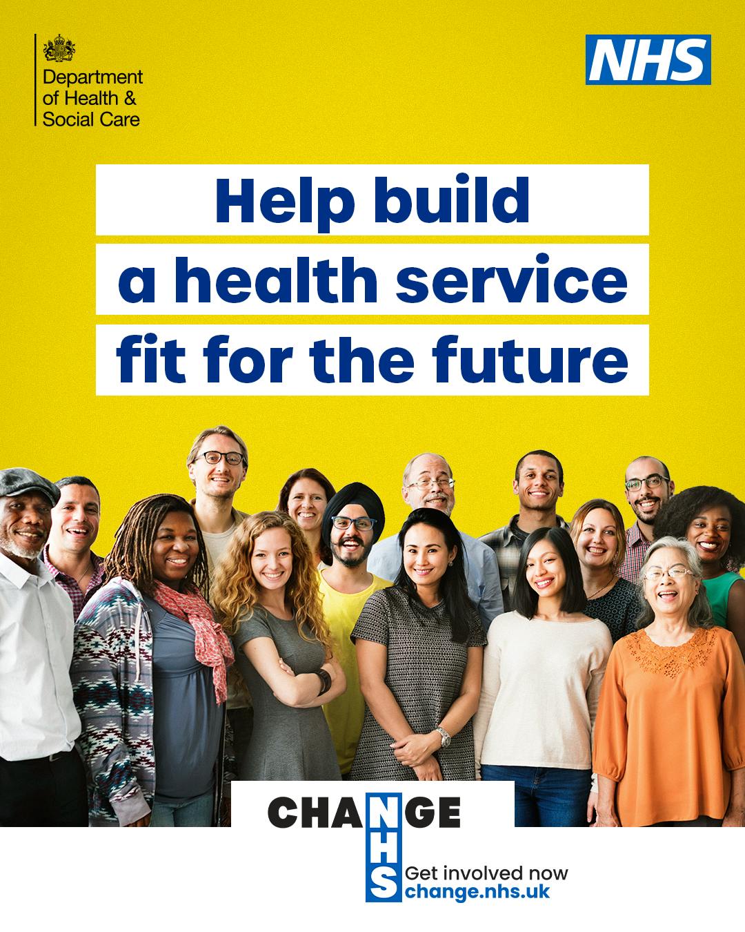 A diverse group of people posing for a photo, Text: Helping shape a health service fit for the future