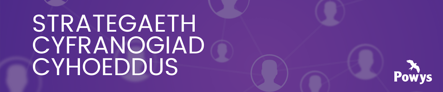 Strategaeth Cyfranogiad Cyhoeddus in white text on a purple background with icons of connected people and the Powys logo