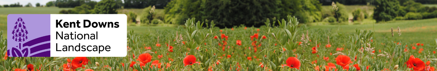 Kent Downs National Landscape logo and a photo of a field with poppies in the foreground and trees in the background  