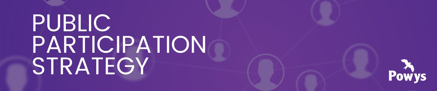 Public Participation Strategy in white text on a purple background with icons of connected people and the Powys logo