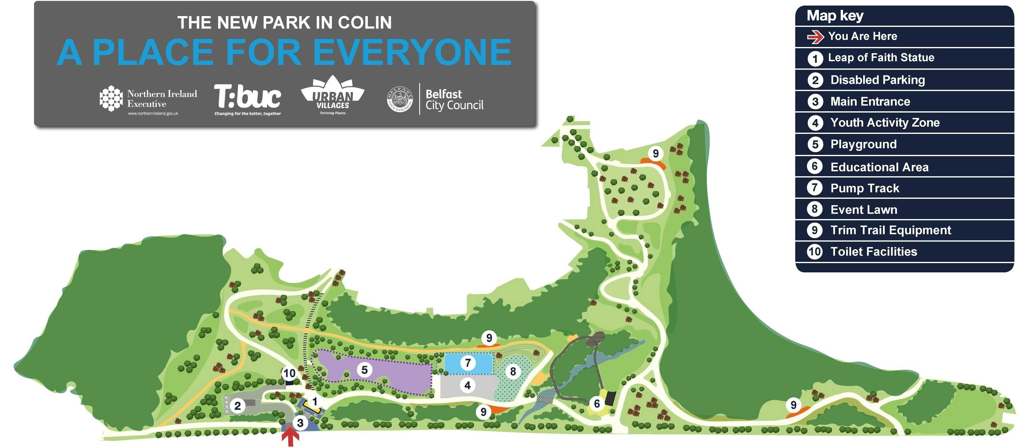 The new park at Colin:  A Place for Everyone with artist impression and map of the new park and partner logos 