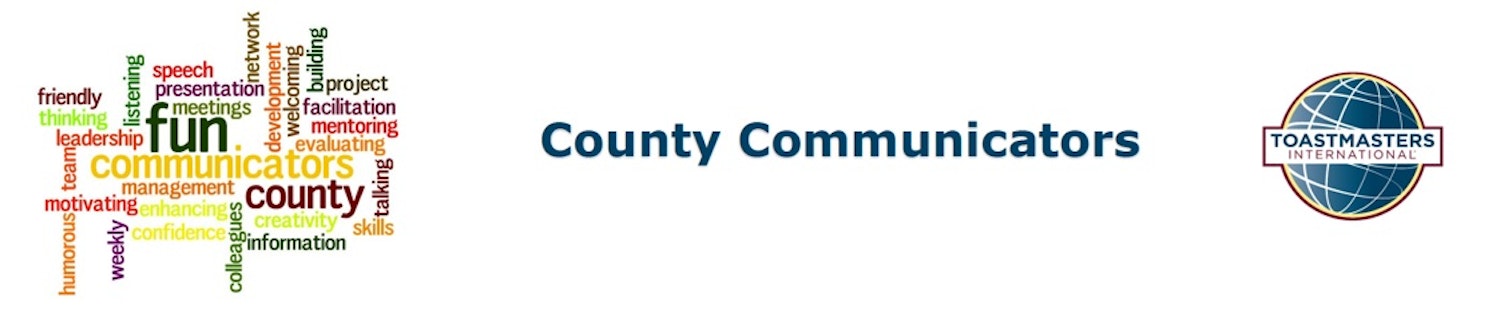 County Communicators banner including word themes and Toastmasters International logo